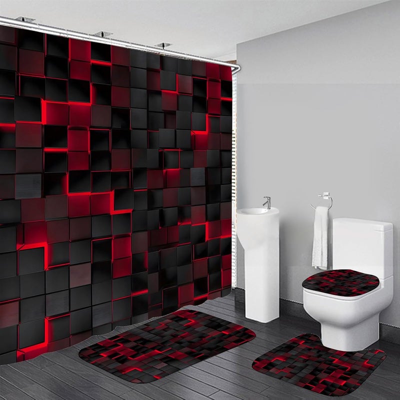 LQCOOL 4Pcs Shower Curtain Set Black 3D Cubes Shower Curtain Set Modern Bathroom Sets with Shower Curtain and Rugs Red Shower Curtain with 12 Hooks - Image 1